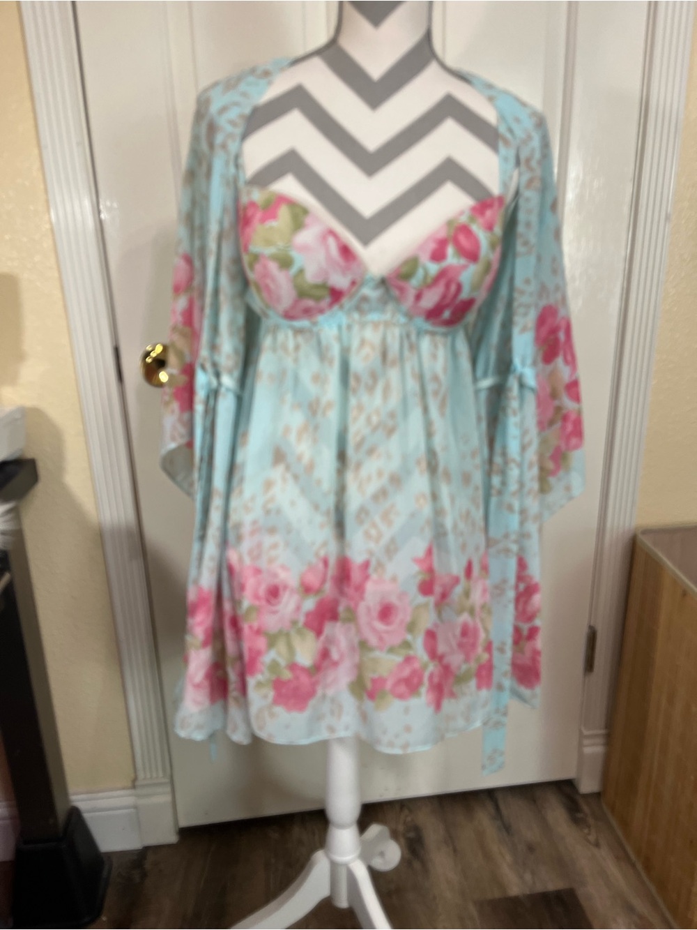 Floral Light Blue Babydoll Chemise with Pink Rose Accents